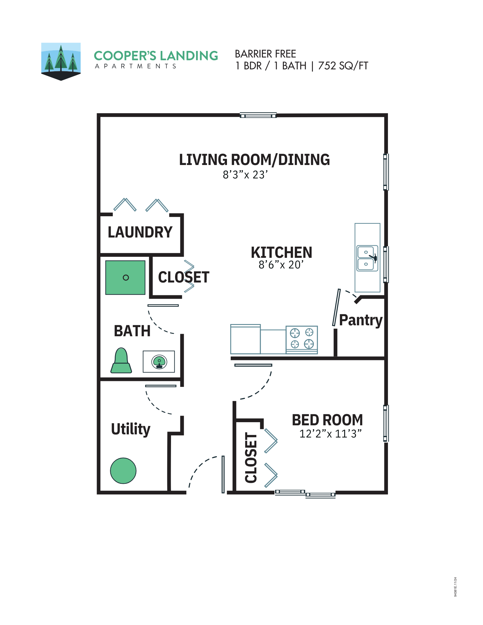 Floor plan for 1 bed, 1 bath, 752 sqft